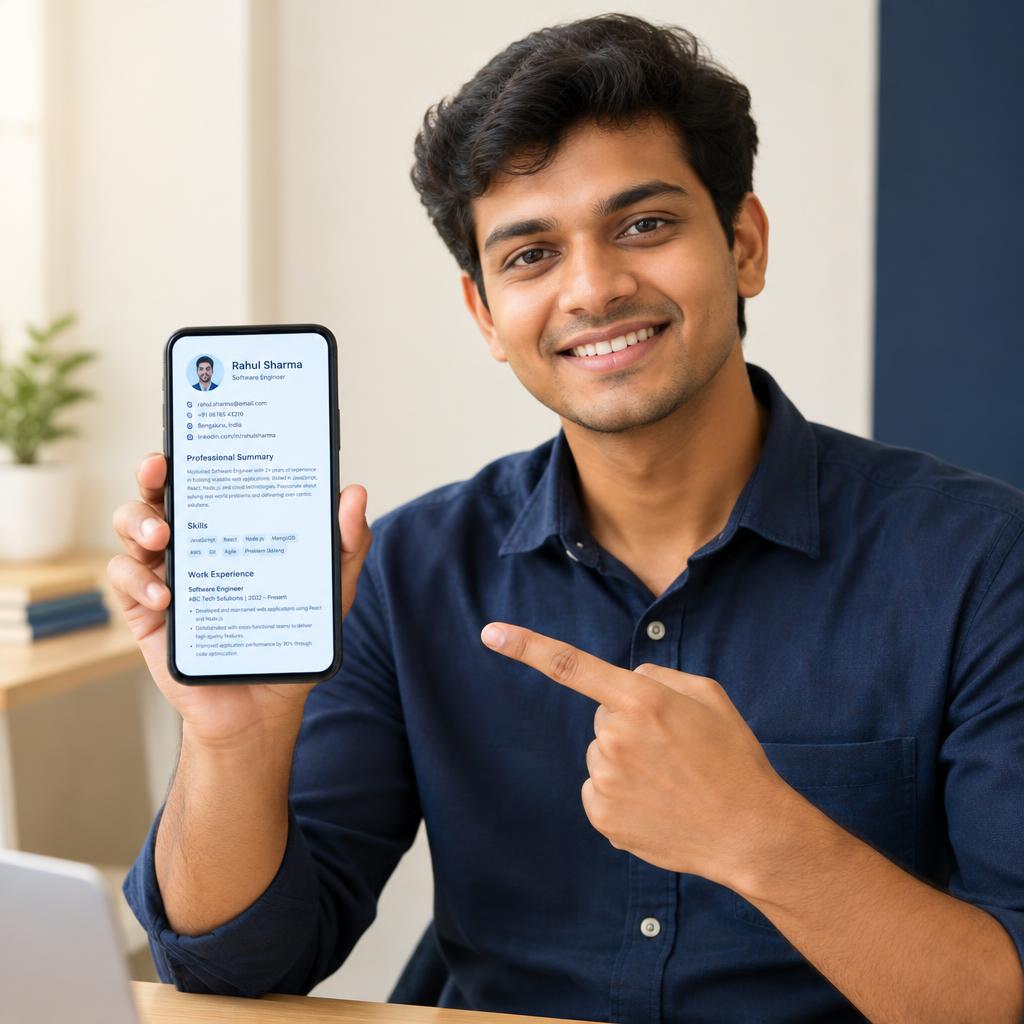 Job seeker holding a phone with a finished CV